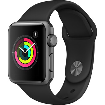 Apple Watch Series 3, 38 мм корпус из алюминия цвета «серый космос», спортивный ремешок чёрного цвета