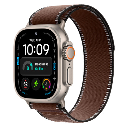 Apple Watch Ultra 4, 49 мм корпус из титана цвета «Natural», ремешок Trail Loop цвета «Dark Umber» размера S/M