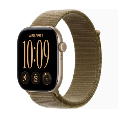 Apple Watch Series 12, 46 мм корпус из алюминия цвета «Light Gold», ремешок Sport Loop цвета «Olive»