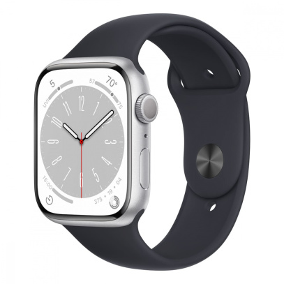 Apple Watch Series 8, 45 мм корпус из алюминия серебристого цвета, спортивный ремешок «Midnight»