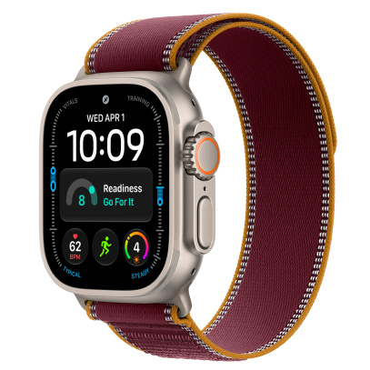 Apple Watch Ultra 4, 49 мм корпус из титана цвета «Natural», ремешок Trail Loop цвета «Burgundy» размера S/M
