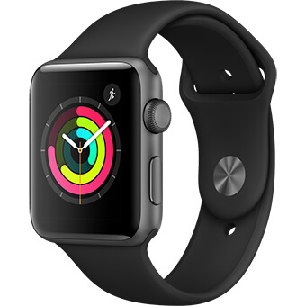 Apple Watch Series 3, 42 мм корпус из алюминия цвета «серый космос», спортивный ремешок чёрного цвета
