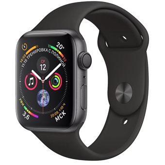 Apple Watch Series 4, 44 мм, корпус из алюминия цвета «серый космос», спортивный ремешок черного цвета