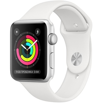 Apple Watch Series 3, 42 мм корпус из серебристого алюминия, спортивный ремешок белого цвета