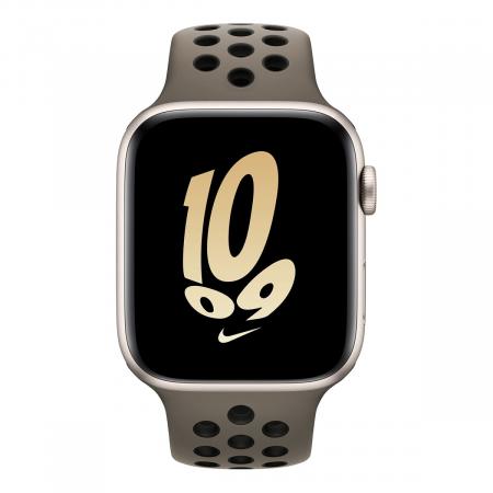 Apple Watch Nike SE (2022), 44 мм корпус из алюминия цвета «Starlight», ремешок Nike Sport Band размера S/M цвета «Olive Grey/Black» Apple Watch Nike SE (2022), 44 мм корпус из алюминия цвета «Starlight», ремешок Nike Sport Band размера S/M цвета «Olive Grey/Black»
