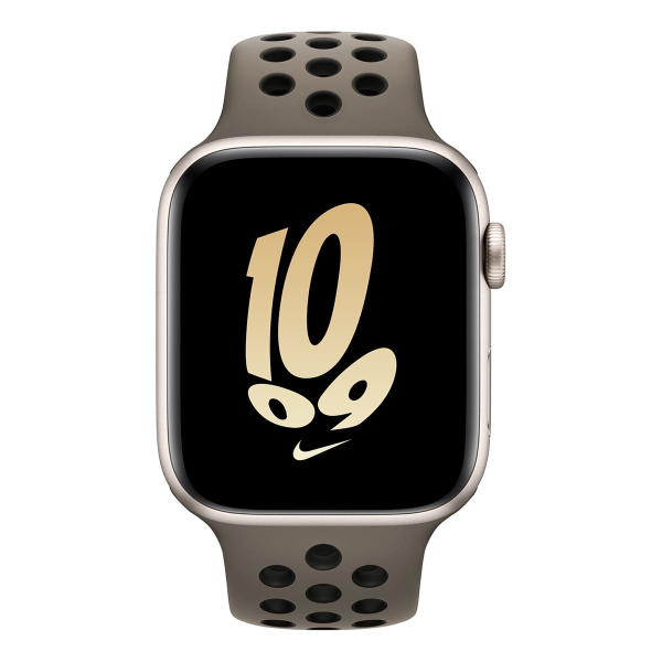 Apple Watch Nike SE (2022), 44 мм корпус из алюминия цвета «Starlight», ремешок Nike Sport Band размера M/L цвета «Olive Grey/Black»