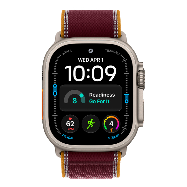 Apple Watch Ultra 4, 49 мм корпус из титана цвета «Natural», ремешок Trail Loop цвета «Burgundy» размера M/L