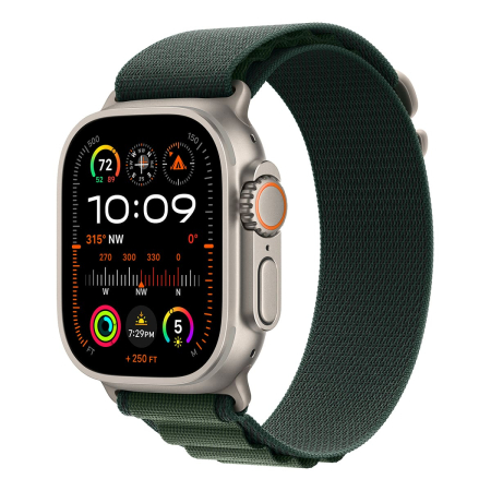 Apple Watch Ultra 2 (2024), 49 мм корпус из титана цвета «Natural», ремешок Alpine Loop размера S цвета «Dark Green»