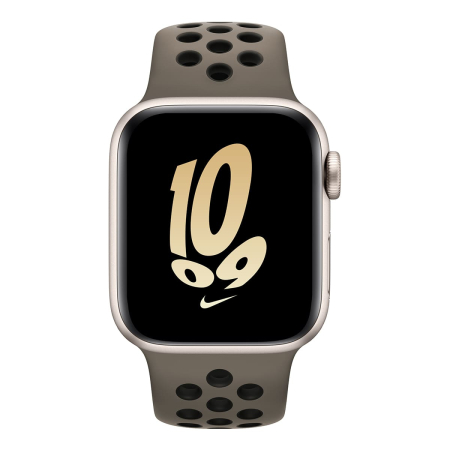 Apple Watch Nike SE (2022), 40 мм корпус из алюминия цвета «Starlight», ремешок Nike Sport Band размера M/L цвета «Olive Grey/Black» Apple Watch Nike SE (2022), 40 мм корпус из алюминия цвета «Starlight», ремешок Nike Sport Band размера M/L цвета «Olive Grey/Black»
