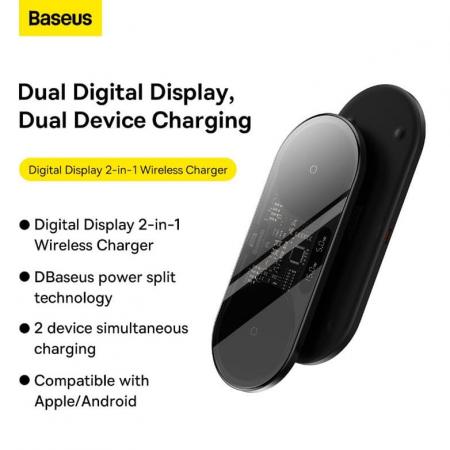 Беспроводное зарядное устройство Baseus Digital LED Display 2in1 Wireless Charger 20W с кабелем USB For type-C 3A 1m BS-W528 (WXSX010101) Black, черный