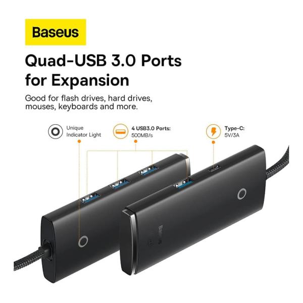 Хаб Baseus Lite Series 4-Port Type-C HUB Adapter (Type-C to USB 3.0x4) 25 см BS-OH015 (WKQX030301) Черный