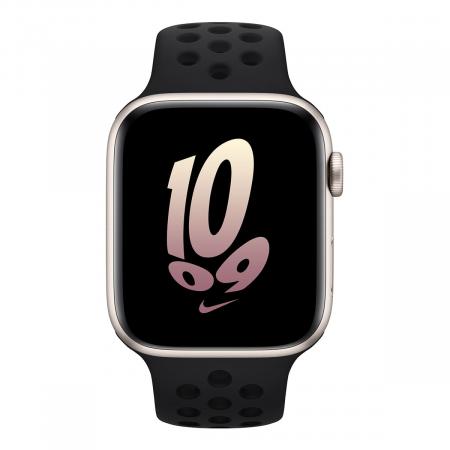 Apple Watch Nike SE (2022), 44 мм корпус из алюминия цвета «Starlight», ремешок Nike Sport Band размера S/M цвета «Black/Black» Apple Watch Nike SE (2022), 44 мм корпус из алюминия цвета «Starlight», ремешок Nike Sport Band размера S/M цвета «Black/Black»