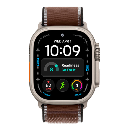 Apple Watch Ultra 4, 49 мм корпус из титана цвета «Natural», ремешок Trail Loop цвета «Dark Umber» размера S/M