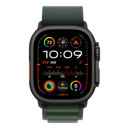 Apple Watch Ultra 2 (2024), 49 мм корпус из титана цвета «Black», ремешок Alpine Loop размера S цвета «Dark Green»