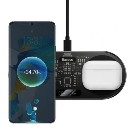 Беспроводное зарядное устройство Baseus Digital LED Display 2in1 Wireless Charger 20W с кабелем USB For type-C 3A 1m BS-W528 (WXSX010101) Black, черный