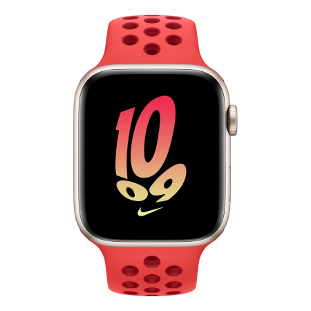 Apple Watch Nike SE (2022), 44 мм корпус из алюминия цвета «Starlight», ремешок Nike Sport Band размера M/L цвета «Bright Crimson/Gym Red» Apple Watch Nike SE (2022), 44 мм корпус из алюминия цвета «Starlight», ремешок Nike Sport Band размера M/L цвета «Bright Crimson/Gym Red»