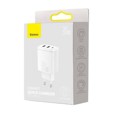 Зарядное устройство Baseus Compact Quick Charger 2 USB-A + USB Type-C 30 Вт EU (CCXJ-E02), белый