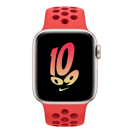 Apple Watch Nike SE (2022), 40 мм корпус из алюминия цвета «Starlight», ремешок Nike Sport Band размера M/L цвета «Bright Crimson/Gym Red» Apple Watch Nike SE (2022), 40 мм корпус из алюминия цвета «Starlight», ремешок Nike Sport Band размера M/L цвета «Bright Crimson/Gym Red»