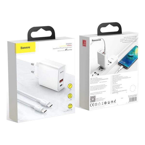 Сетевое зарядное устройство USB-C с USB Type-C Кабелем Baseus Quick Charge 30 Вт Speed Series разъем Type-C (TZCAFS-A02) Белый