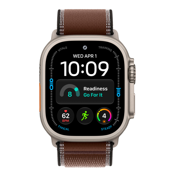 Apple Watch Ultra 4, 49 мм корпус из титана цвета «Natural», ремешок Trail Loop цвета «Dark Umber» размера M/L