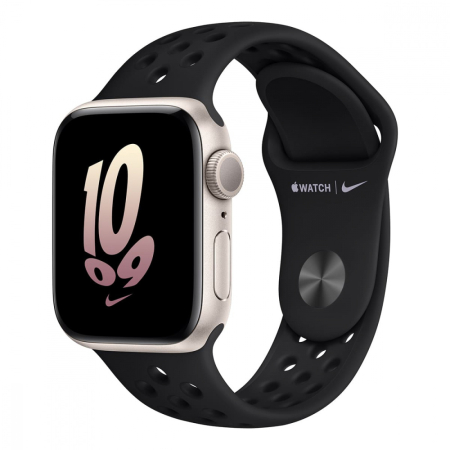 Apple Watch Nike SE (2022), 40 мм корпус из алюминия цвета «Starlight», ремешок Nike Sport Band размера M/L цвета «Black/Black» Apple Watch Nike SE (2022), 40 мм корпус из алюминия цвета «Starlight», ремешок Nike Sport Band размера M/L цвета «Black/Black»