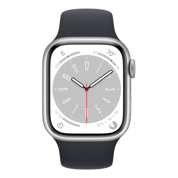 Apple Watch Series 8, 41 мм корпус из алюминия серебристого цвета, спортивный ремешок «Midnight»