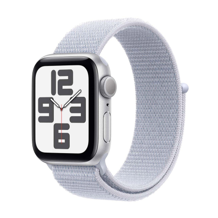 Apple Watch SE (2024), 44 мм корпус из алюминия цвета «Silver», ремешок Sport Loop цвета «Blue Cloud»