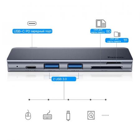 Переходник Baseus для MacBook HUB Harmonica 5в1 (PD/SD/TF/USB 3.0*2) (CAHUB-K0G) Deep Grey, темно-серый