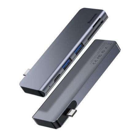 Переходник Baseus для MacBook HUB Harmonica 5в1 (PD/SD/TF/USB 3.0*2) (CAHUB-K0G) Deep Grey, темно-серый