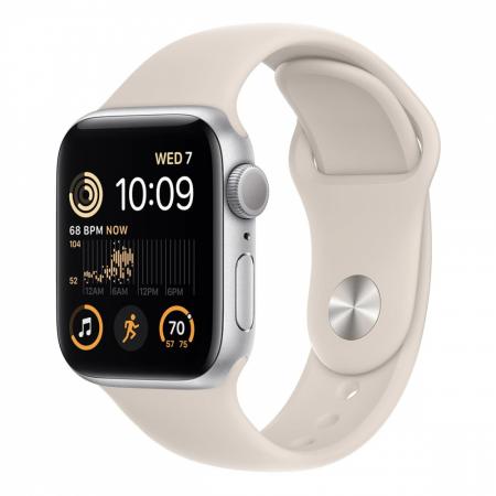Apple Watch SE (2022), 40 мм корпус из алюминия цвета «Silver», ремешок Sport Band размера S/M цвета «Starlight» Apple Watch SE (2022), 40 мм корпус из алюминия цвета «Silver», ремешок Sport Band размера S/M цвета «Starlight»