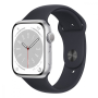 Apple Watch Series 8, 45 мм корпус из алюминия серебристого цвета, спортивный ремешок «Midnight»