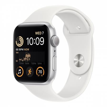 Apple Watch SE (2022), 44 мм корпус из алюминия цвета «Silver», ремешок Sport Band размера S/M цвета «White» Apple Watch SE (2022), 44 мм корпус из алюминия цвета «Silver», ремешок Sport Band размера S/M цвета «White»