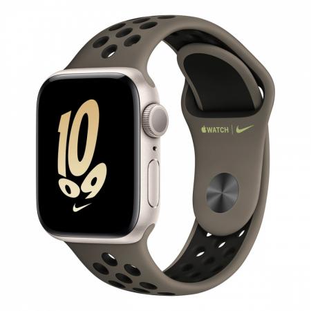 Apple Watch Nike SE (2022), 40 мм корпус из алюминия цвета «Starlight», ремешок Nike Sport Band размера S/M цвета «Olive Grey/Black» Apple Watch Nike SE (2022), 40 мм корпус из алюминия цвета «Starlight», ремешок Nike Sport Band размера S/M цвета «Olive Grey/Black»