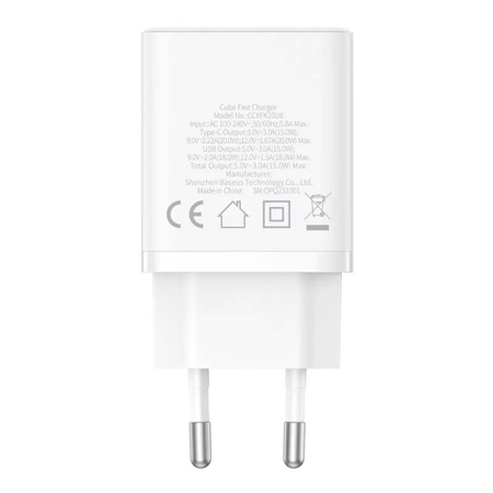 Зарядное устройство Baseus Cube Fast Charger USB-A + USB Type-C 20 Вт EU Moon (P10111403213-00), белый