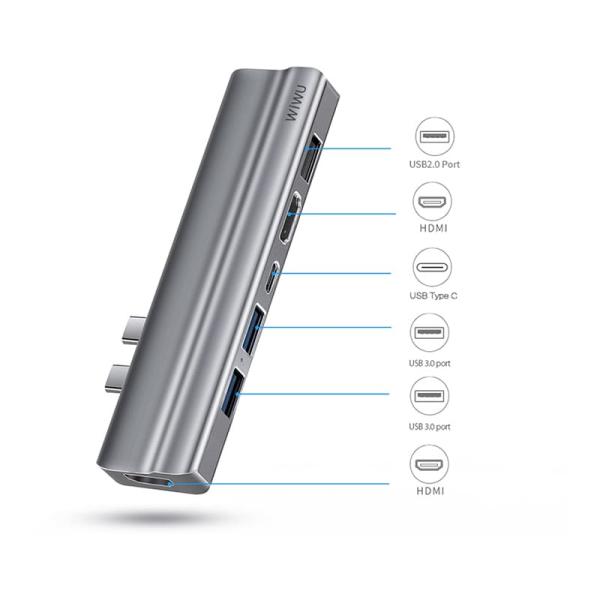 Хаб WiWU HDMI*2+USB3.0*2+USB2.0*1SD+TF+PD (T9) Серый