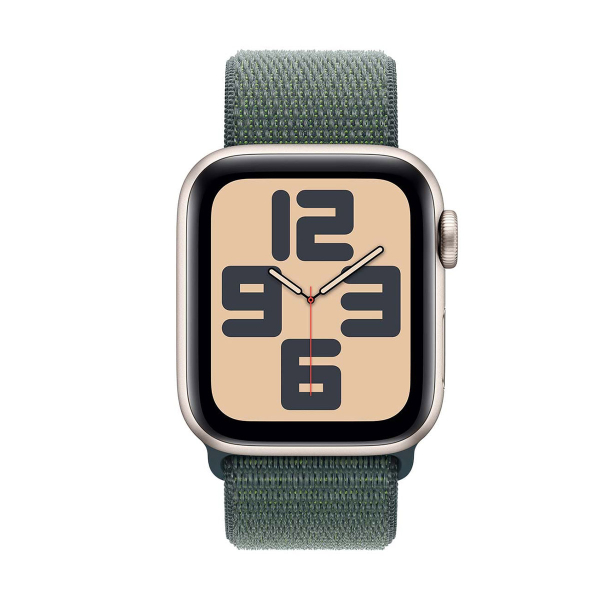 Apple Watch SE (2024), 44 мм корпус из алюминия цвета «Starlight», ремешок Sport Loop цвета «Lake Green»